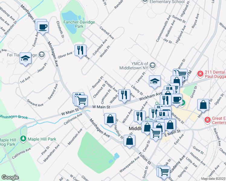 map of restaurants, bars, coffee shops, grocery stores, and more near 17-1/2 Wallkill Avenue in Middletown