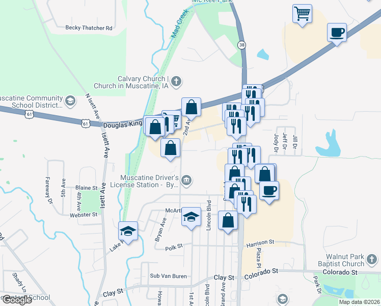 map of restaurants, bars, coffee shops, grocery stores, and more near 2209-2213 2nd Avenue in Muscatine