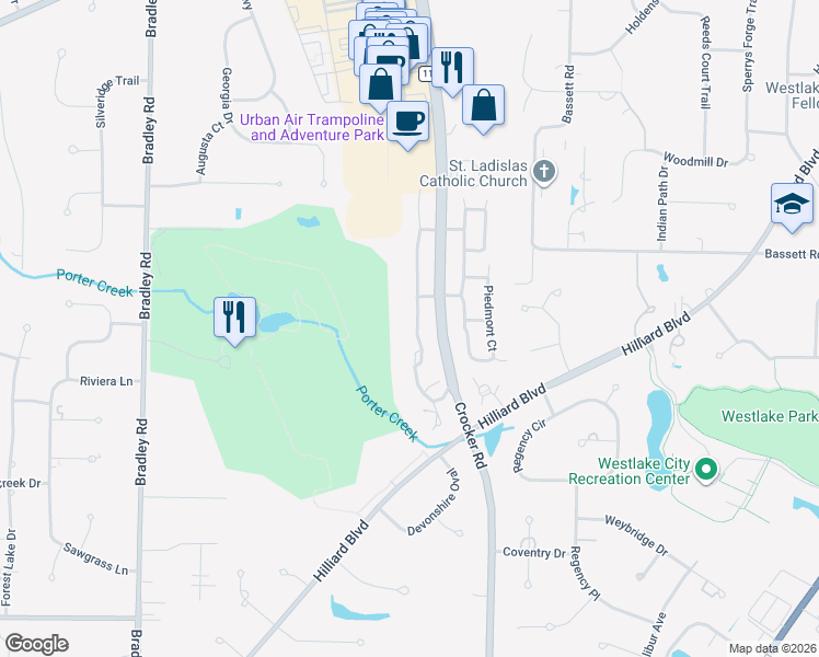 map of restaurants, bars, coffee shops, grocery stores, and more near 2738 Wyndgate Court in Westlake