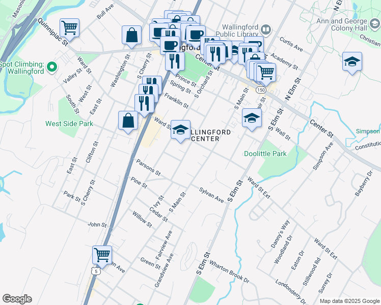 map of restaurants, bars, coffee shops, grocery stores, and more near 196 South Whittlesey Avenue in Wallingford