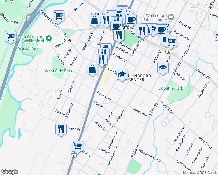 map of restaurants, bars, coffee shops, grocery stores, and more near in Wallingford