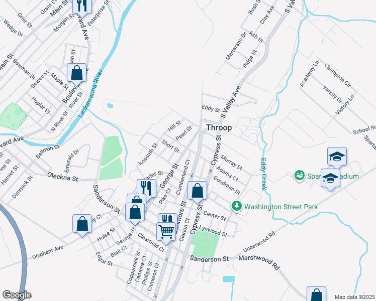 map of restaurants, bars, coffee shops, grocery stores, and more near 718 George Street in Throop