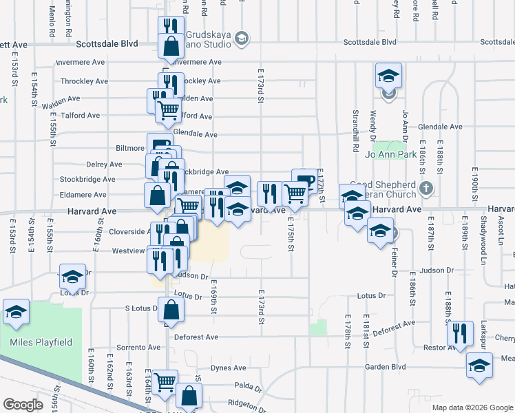 map of restaurants, bars, coffee shops, grocery stores, and more near 17210 Harvard Avenue in Cleveland