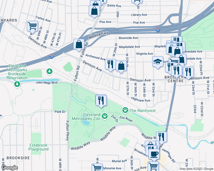 map of restaurants, bars, coffee shops, grocery stores, and more near 3873 West 40th Street in Cleveland