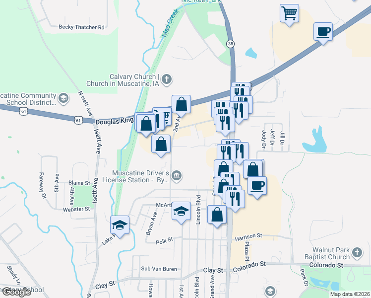 map of restaurants, bars, coffee shops, grocery stores, and more near 2209-2213 2nd Avenue in Muscatine