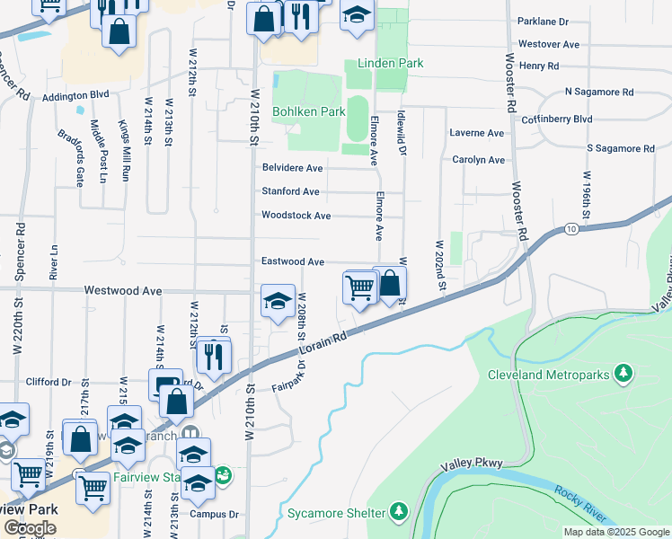 map of restaurants, bars, coffee shops, grocery stores, and more near 20683 Eastwood Avenue in Fairview Park