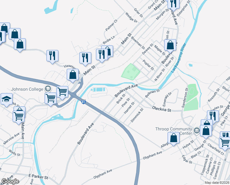 map of restaurants, bars, coffee shops, grocery stores, and more near 150 Boulevard Avenue in Throop