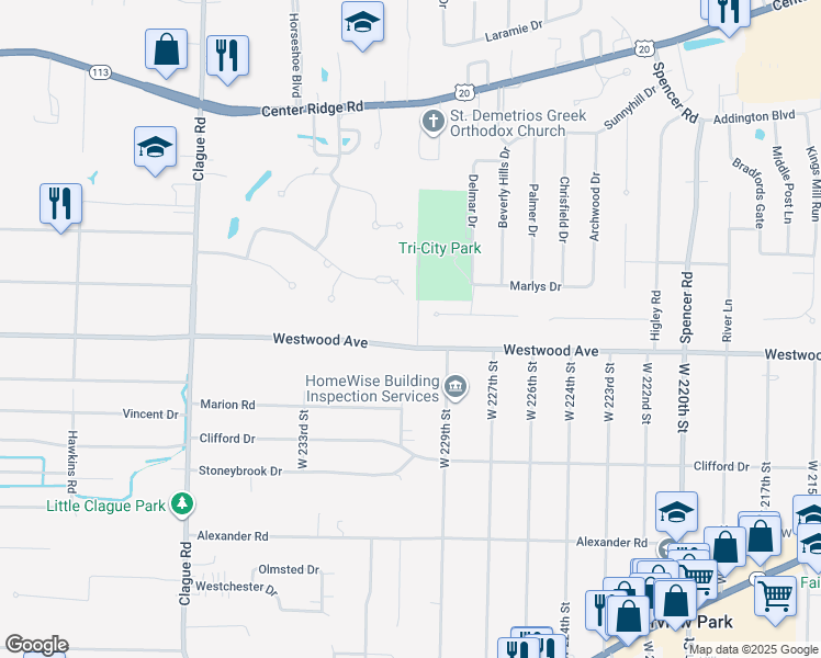 map of restaurants, bars, coffee shops, grocery stores, and more near 22984 Westwood Road in Westlake