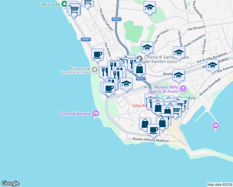 map of restaurants, bars, coffee shops, grocery stores, and more near 1B Viale Severiano in Anzio