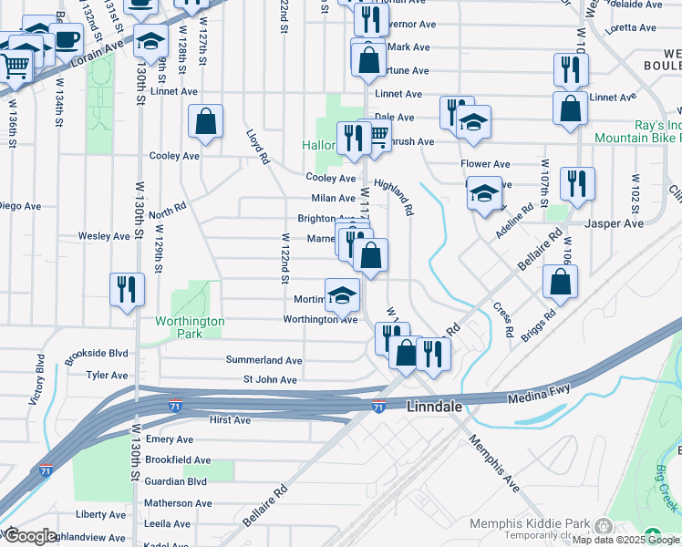 map of restaurants, bars, coffee shops, grocery stores, and more near 3806 West 117th Street in Cleveland