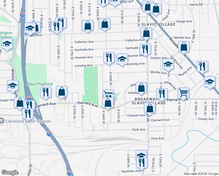 map of restaurants, bars, coffee shops, grocery stores, and more near 6402 Warsaw Avenue in Cleveland