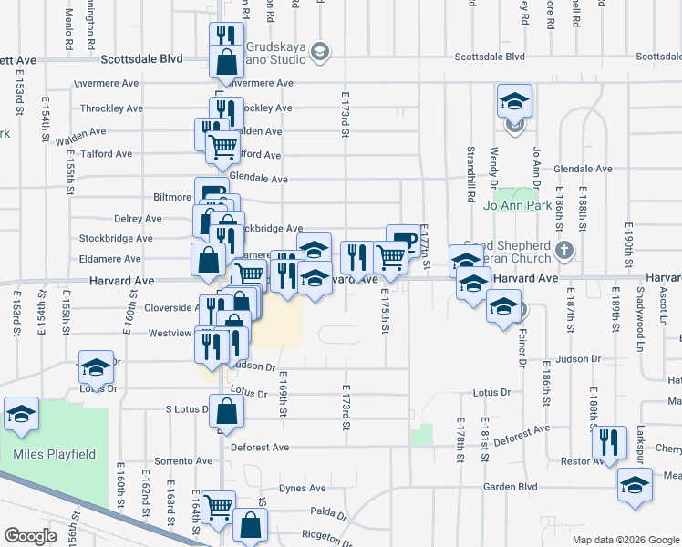map of restaurants, bars, coffee shops, grocery stores, and more near 17210 Harvard Avenue in Cleveland