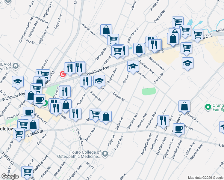 map of restaurants, bars, coffee shops, grocery stores, and more near 61 Broad Street in Middletown