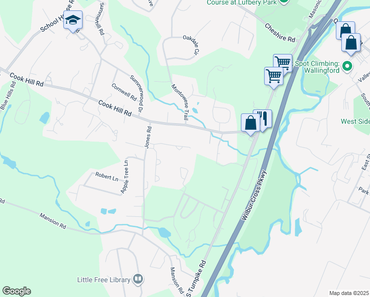 map of restaurants, bars, coffee shops, grocery stores, and more near 40 Spice Hill Drive in Wallingford