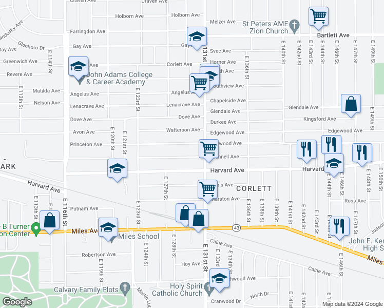 map of restaurants, bars, coffee shops, grocery stores, and more near 12913 Crennell Avenue in Cleveland