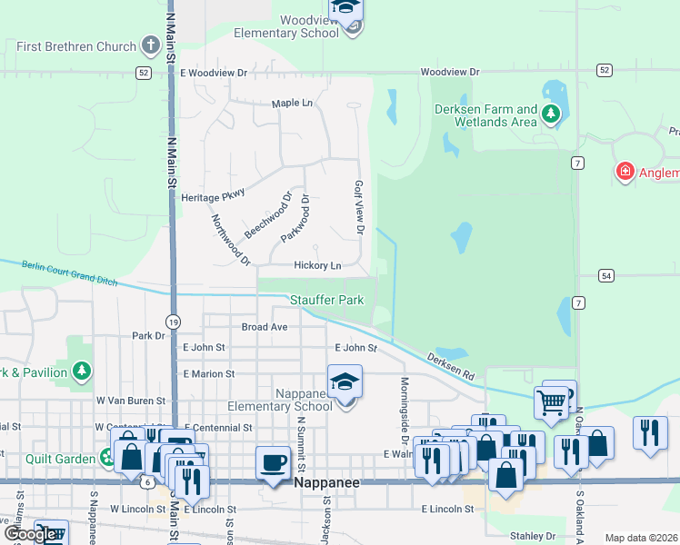map of restaurants, bars, coffee shops, grocery stores, and more near 437 Hickory Lane in Nappanee