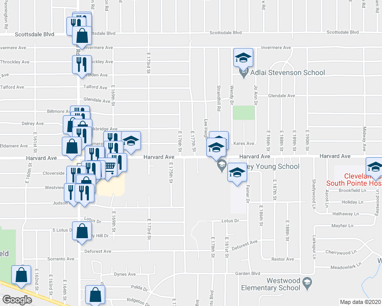 map of restaurants, bars, coffee shops, grocery stores, and more near 17644 Harvard Avenue in Cleveland