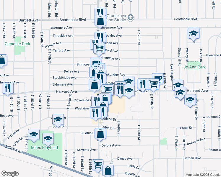 map of restaurants, bars, coffee shops, grocery stores, and more near 16824 Harvard Avenue in Cleveland