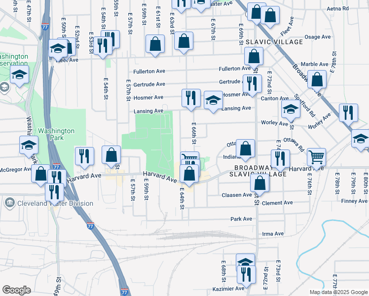 map of restaurants, bars, coffee shops, grocery stores, and more near 6402 Warsaw Avenue in Cleveland