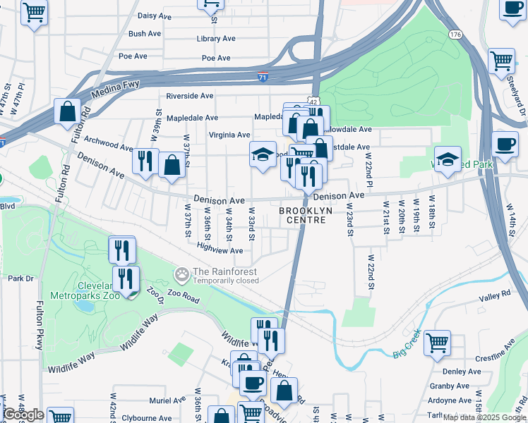 map of restaurants, bars, coffee shops, grocery stores, and more near 3875 West 33rd Street in Cleveland