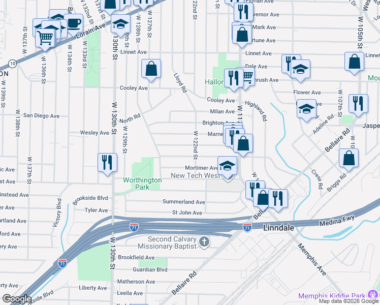 map of restaurants, bars, coffee shops, grocery stores, and more near 12113 Kensington Avenue in Cleveland