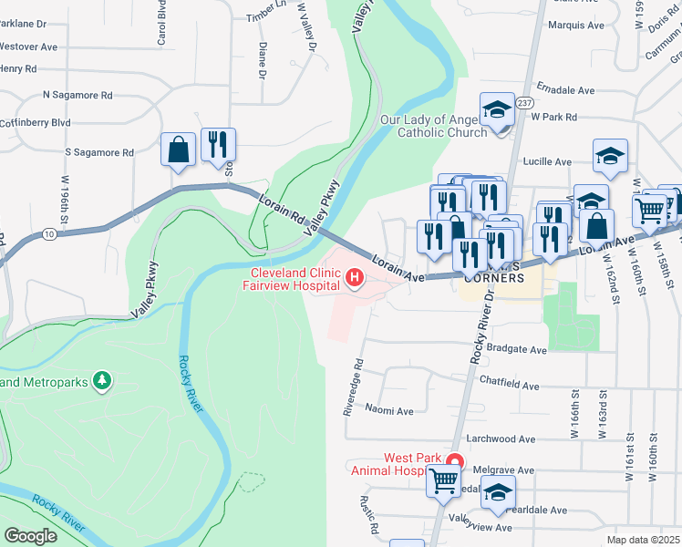 map of restaurants, bars, coffee shops, grocery stores, and more near 18101 Lorain Avenue in Cleveland