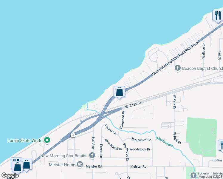 map of restaurants, bars, coffee shops, grocery stores, and more near 4144 Shore Drive in Lorain