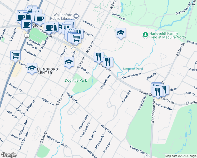 map of restaurants, bars, coffee shops, grocery stores, and more near 63 Wall Street in Wallingford