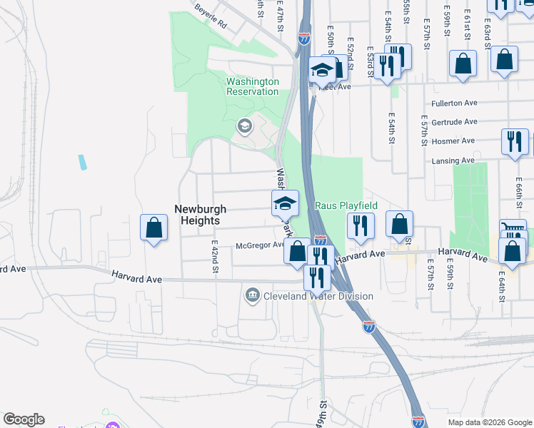 map of restaurants, bars, coffee shops, grocery stores, and more near 4520 Alpha Avenue in Newburgh Heights