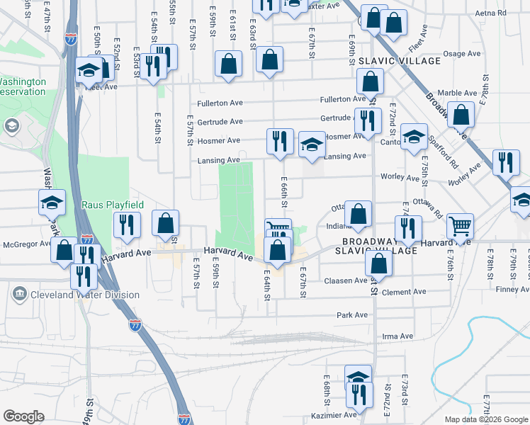 map of restaurants, bars, coffee shops, grocery stores, and more near in Cleveland