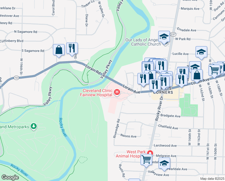map of restaurants, bars, coffee shops, grocery stores, and more near 18101 Lorain Avenue in Cleveland
