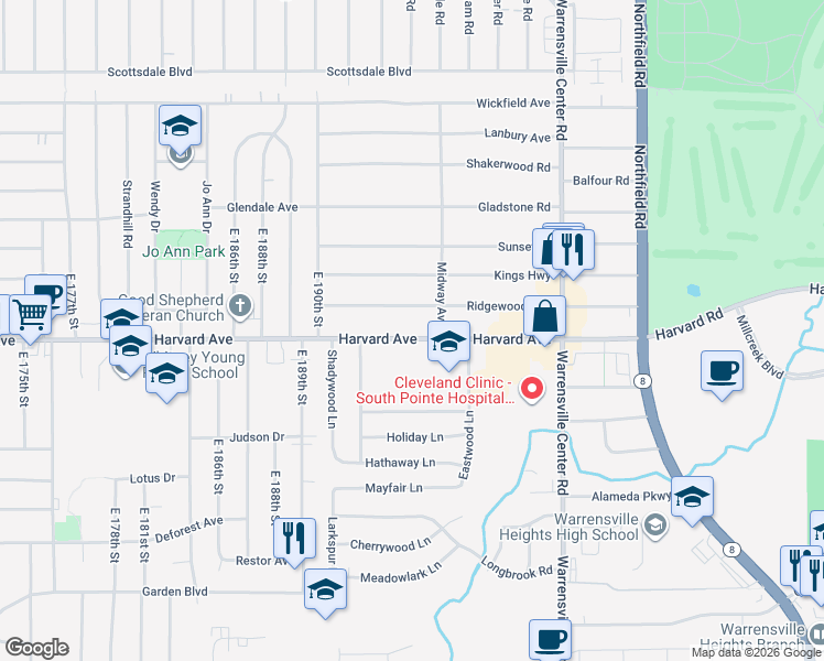 map of restaurants, bars, coffee shops, grocery stores, and more near 19511 Harvard Avenue in Warrensville Heights