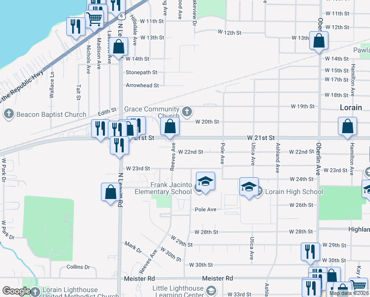 map of restaurants, bars, coffee shops, grocery stores, and more near 1910 West 22nd Street in Lorain