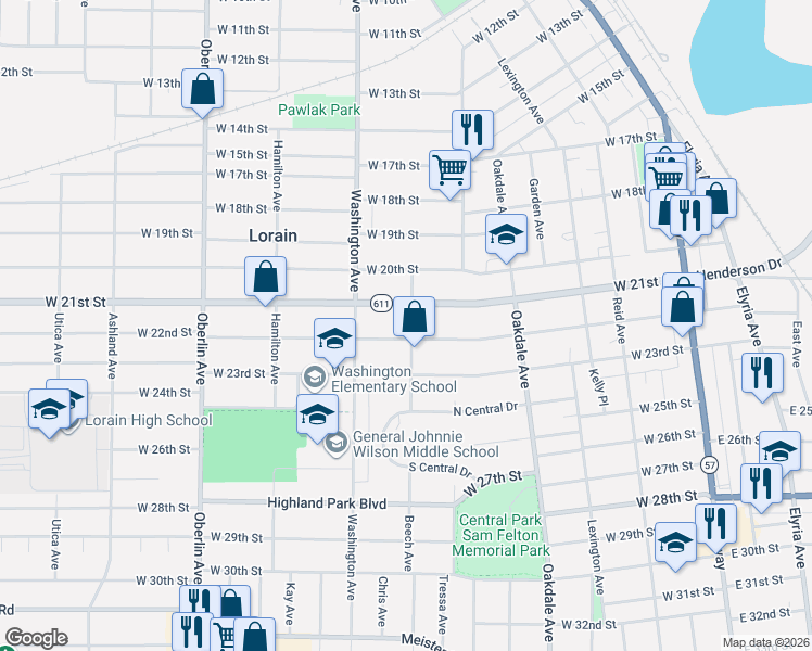 map of restaurants, bars, coffee shops, grocery stores, and more near 911 West 22nd Street in Lorain