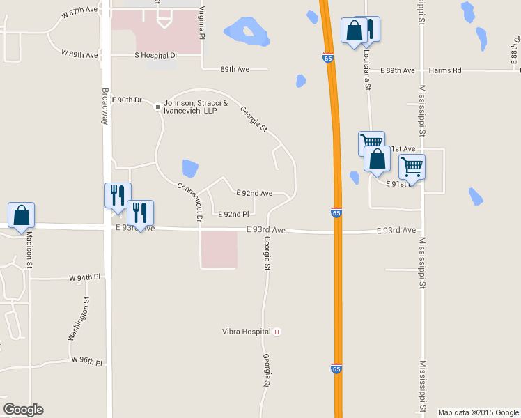 map of restaurants, bars, coffee shops, grocery stores, and more near 9225 Carolina Place in Merrillville