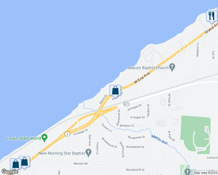 map of restaurants, bars, coffee shops, grocery stores, and more near 4144 Shore Drive in Lorain