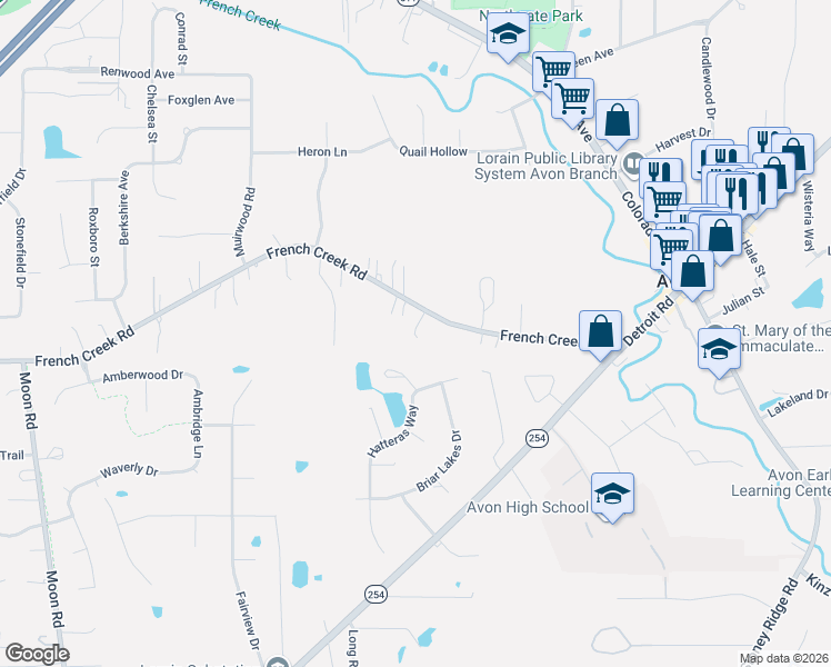 map of restaurants, bars, coffee shops, grocery stores, and more near 37965 Egg Harbor in Avon