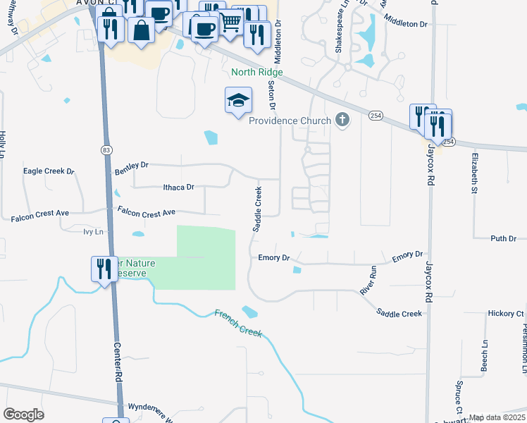 map of restaurants, bars, coffee shops, grocery stores, and more near 2727 Saddle Creek in Avon