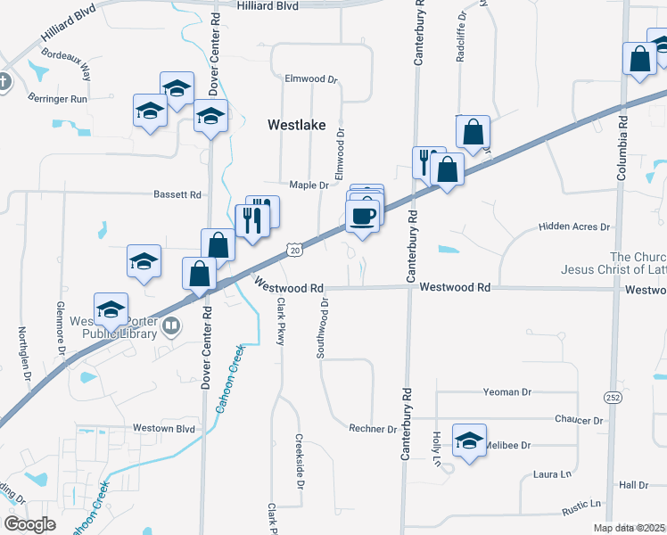 map of restaurants, bars, coffee shops, grocery stores, and more near 26625 Westwood Road in Westlake