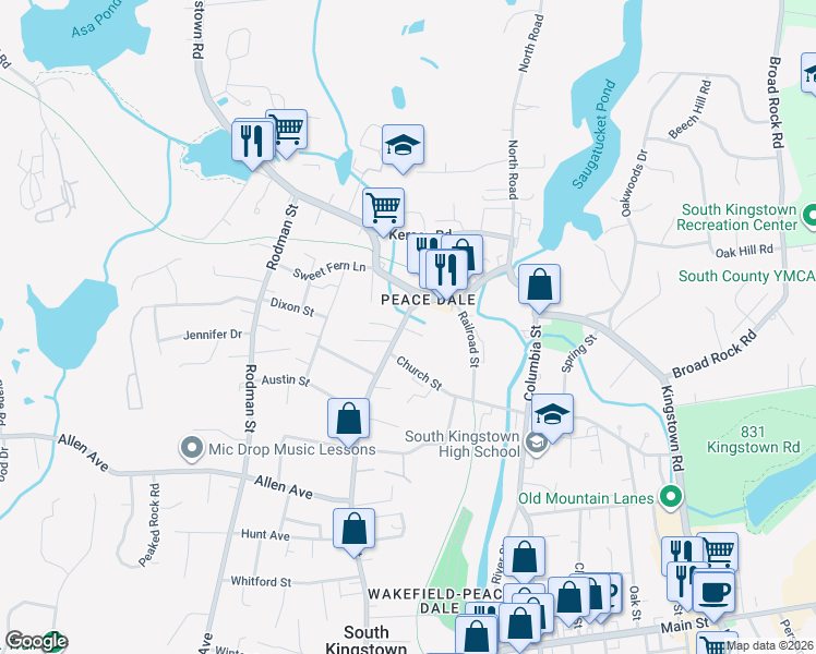 map of restaurants, bars, coffee shops, grocery stores, and more near 501 High Street in South Kingstown