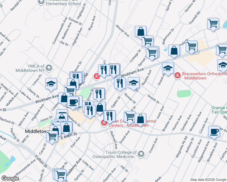 map of restaurants, bars, coffee shops, grocery stores, and more near 74-1/2 Montgomery Street in Middletown