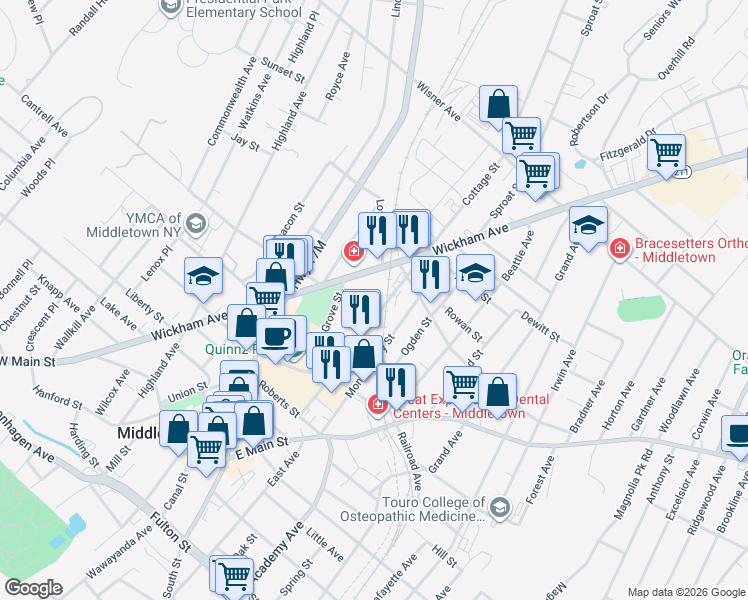 map of restaurants, bars, coffee shops, grocery stores, and more near 64 Cottage Street in Middletown