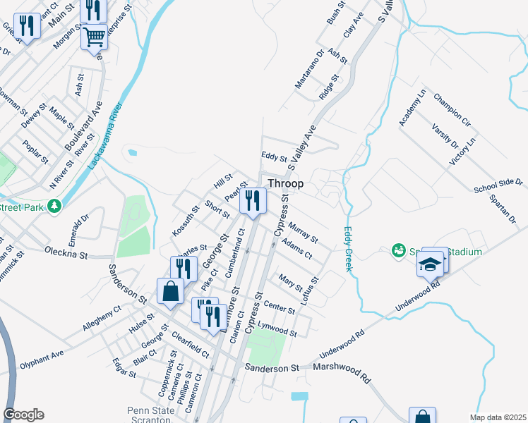 map of restaurants, bars, coffee shops, grocery stores, and more near 722 Adams Court in Throop