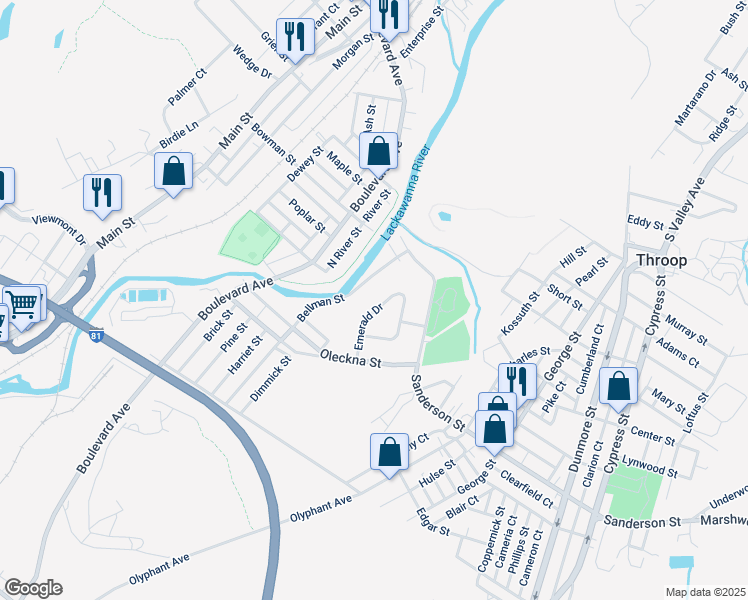 map of restaurants, bars, coffee shops, grocery stores, and more near 19 Emerald Drive in Throop