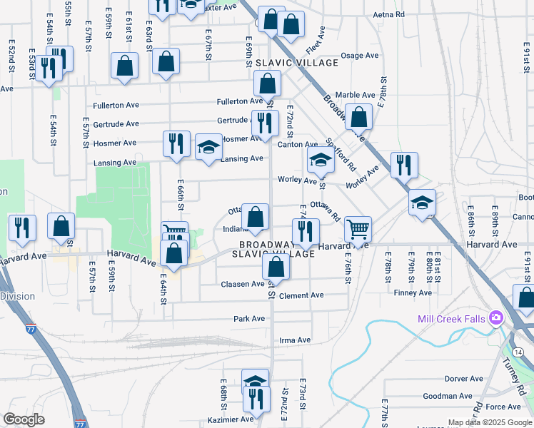 map of restaurants, bars, coffee shops, grocery stores, and more near 4000 East 71st Street in Cleveland