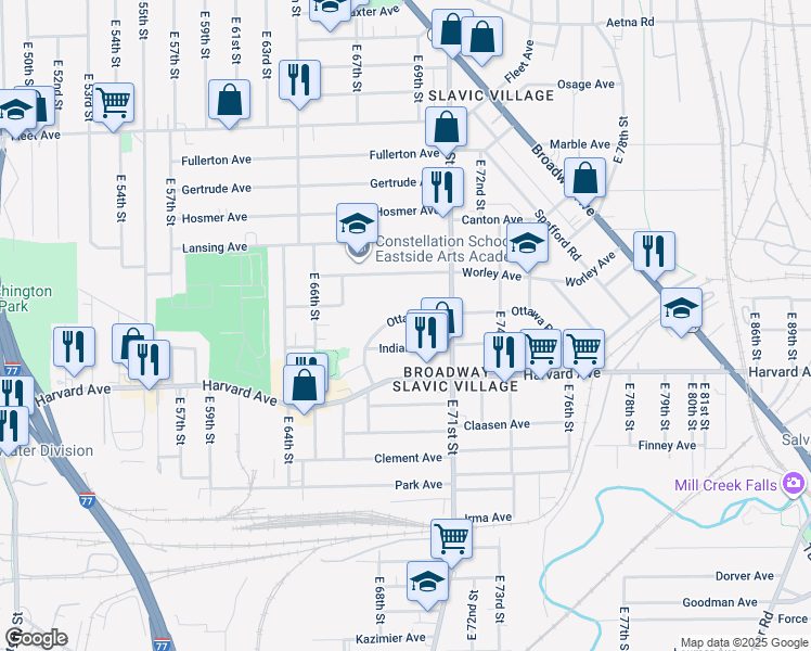 map of restaurants, bars, coffee shops, grocery stores, and more near 6914 Indiana Avenue in Cleveland