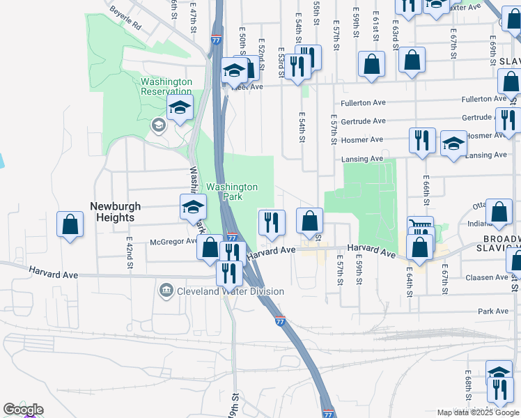 map of restaurants, bars, coffee shops, grocery stores, and more near 4003 East 52nd Street in Newburgh Heights
