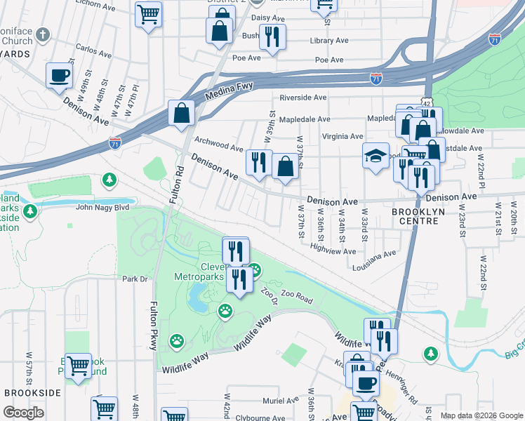 map of restaurants, bars, coffee shops, grocery stores, and more near 3865 West 39th Street in Cleveland