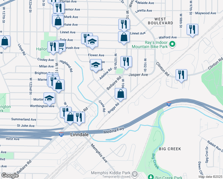 map of restaurants, bars, coffee shops, grocery stores, and more near 3769 West 107th Street in Cleveland