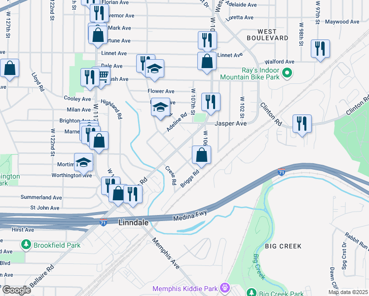 map of restaurants, bars, coffee shops, grocery stores, and more near 10807 Bellaire Road in Cleveland